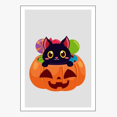 Affiche : Halloween petit chat dans sa citrouille