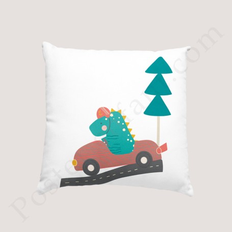 Coussin déco :  Dinosaure dans sa voiture