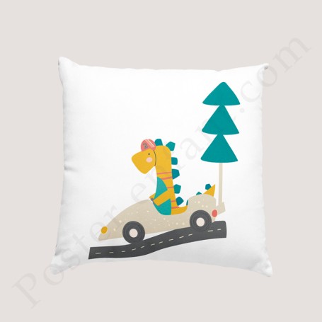 Coussin déco :  Dinosaure dans sa voiture