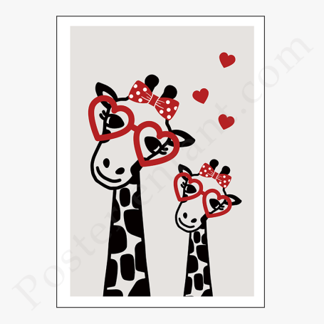 Affiche : 2 Amusantes girafes avec lunette et coeurs