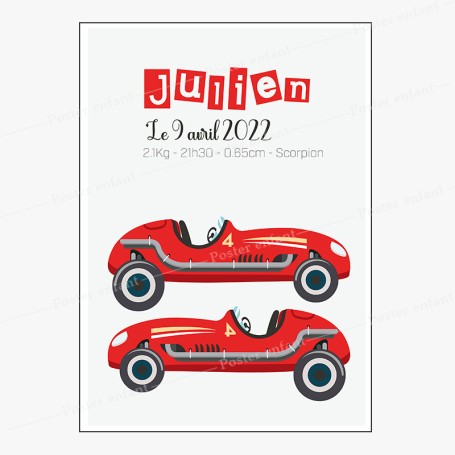 Affiche de naissance  : Voiture de course à personnaliser