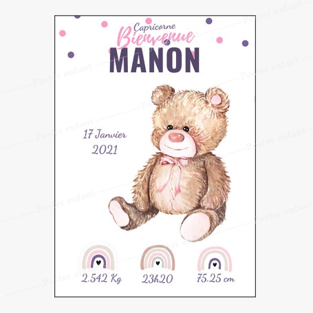 Affiche de naissance a personnaliser Nounours accompagne de trois magnifiques arc en ciel