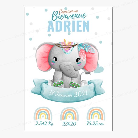 Affiche de naissance  : Eléphant à personnaliser