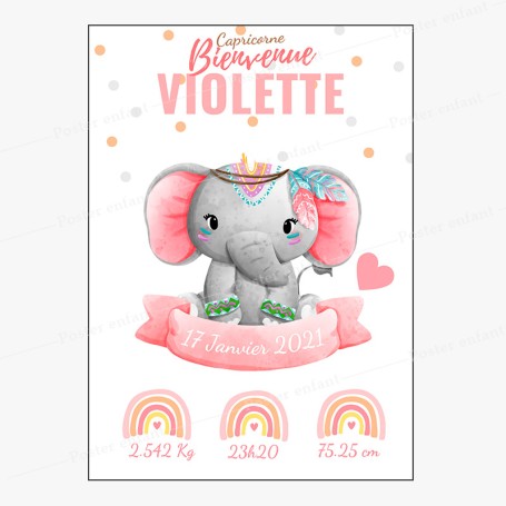 Affiche de naissance  : Eléphant à personnaliser