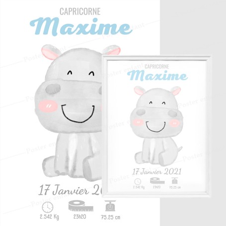 Affiche de naissance  : Hippopotame à personnaliser