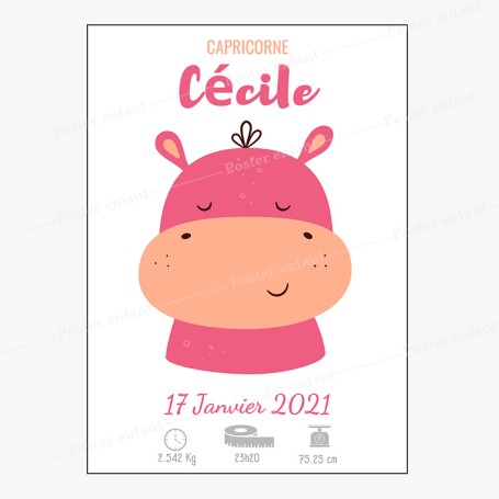 Affiche de naissance  : Hippopotame à personnaliser