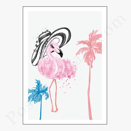 Affiche flamant rose avec drôle de chapeau noir