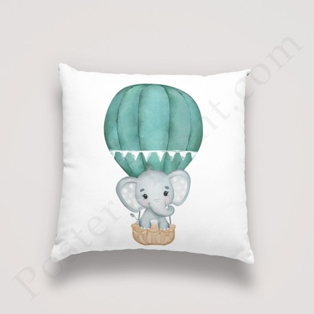 Coussin déco : Eléphant dans sa montgolfière